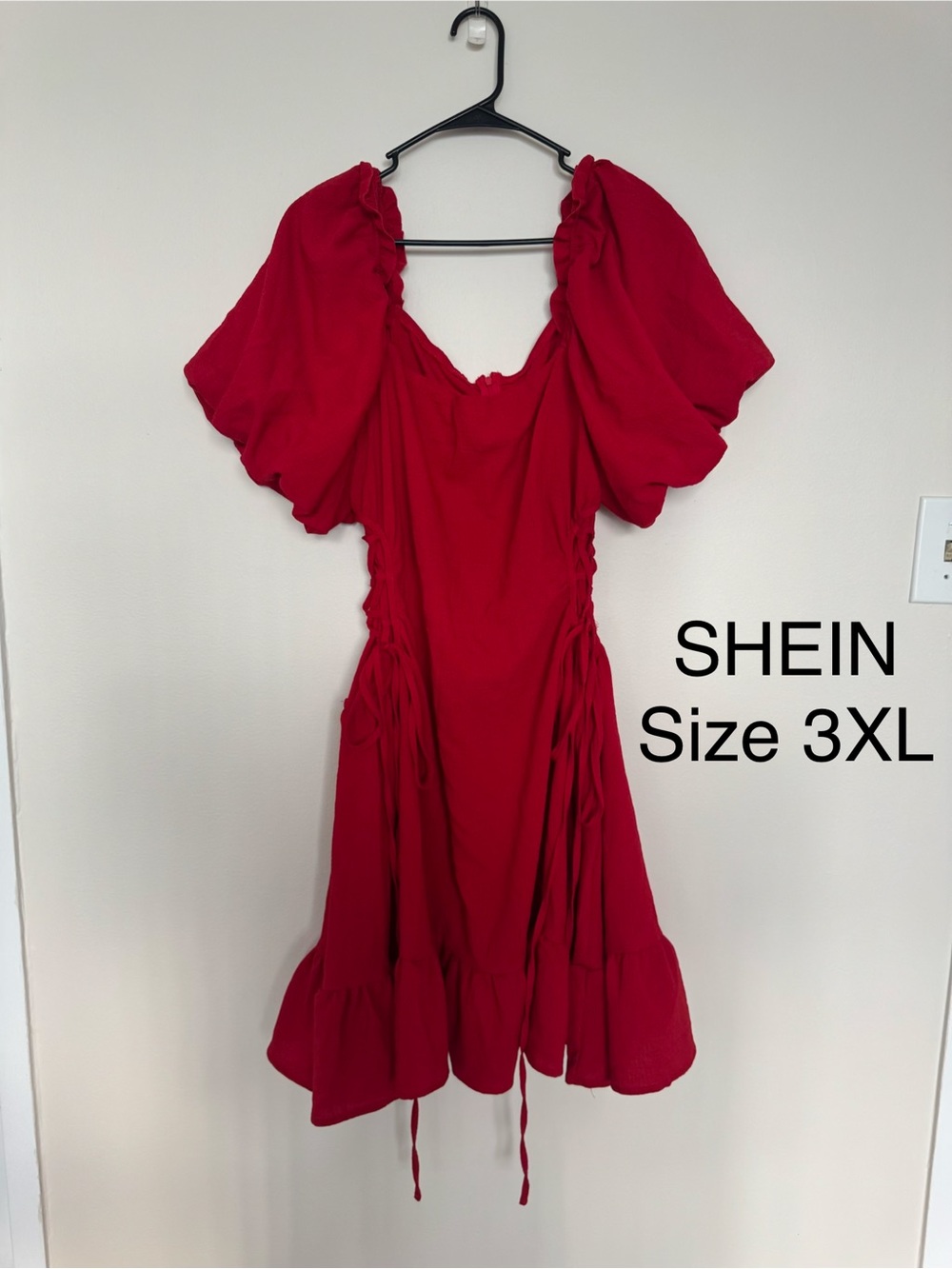 SHEIN Red Puff Sleeve Mini Dress with Ruffle Hem